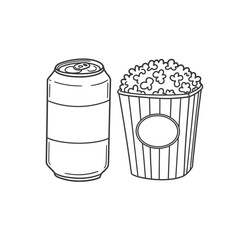 Line drawing of popcorn container and soda can for entertainment and snack themes on a white background. EPS 10.