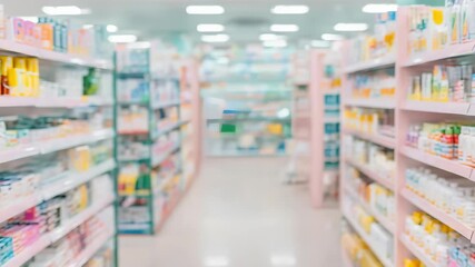 Organized pharmacy shelves with medications and healthcare products in bright lighting