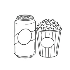 Line drawing of popcorn container and soda can for entertainment and snack themes on a white background. EPS 10.
