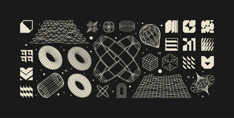 Fototapeta na wymiar Vector graphic assets kit acid style, Postmodern abstract geometric shapes with wireframe elements of different forms, Y2K trendy design in brutalism aesthetic, template symbols set 20