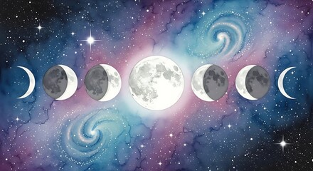Celestial Moon Phases - Cosmic Dance of Light and Shadow in Vibrant Nebula.