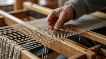 Closeup of a weavers hand threading a loom, showcasing the intricate process of traditional textile creation textile