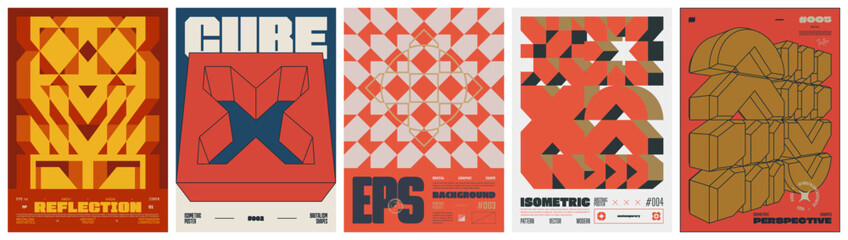 Set modern art colorful trendy poster, abstract geometric A4 composition graphic in Y2K aesthetics, vector simple shapes rave print artwork modernism and minimalistic brutalism style, mix set 9