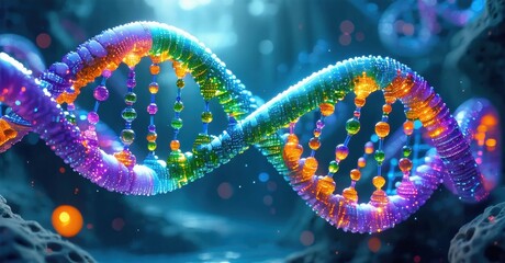Obraz premium Colorful DNA double helix structure. Bright vibrant strands twist, representing genetic code, biology, science concepts. Detailed rendering.