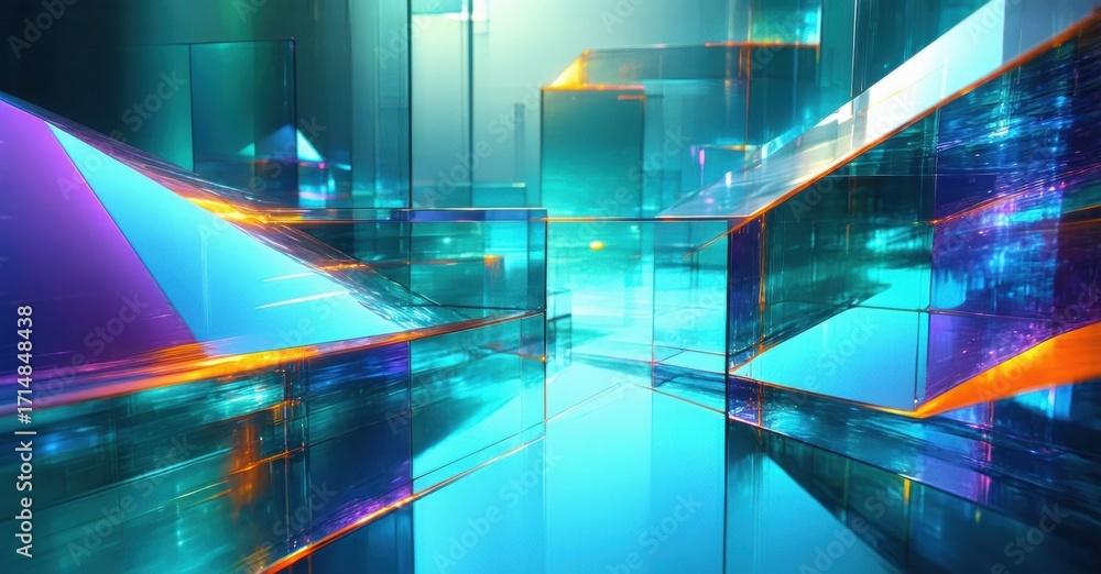 Poster abstract geometric shapes, vibrant colors, reflections create futuristic space. light beams intersec