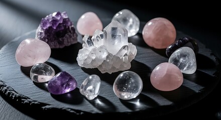 Assortment of Polished and Raw Gemstones, Amethyst and Rose Quartz, Illuminated by Dramatic Spotlight.