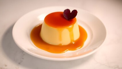 Delicious creme caramel dessert on a white plate, garnished with a heartshaped flower petal pudding