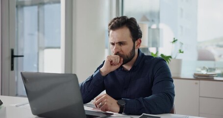 Confused, laptop and business man reading with chart glitch, budget error or problem solving. Computer, think and accountant typing email with doubt, 404 or give up with financial analysis in office