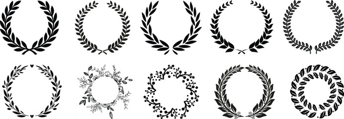 Laurel wreath collection vector set. Classic Roman Greek victory laurel branches, black olive leaf garlands, award emblem elements, elegant prestige heraldic symbol bundle for logo badge label design