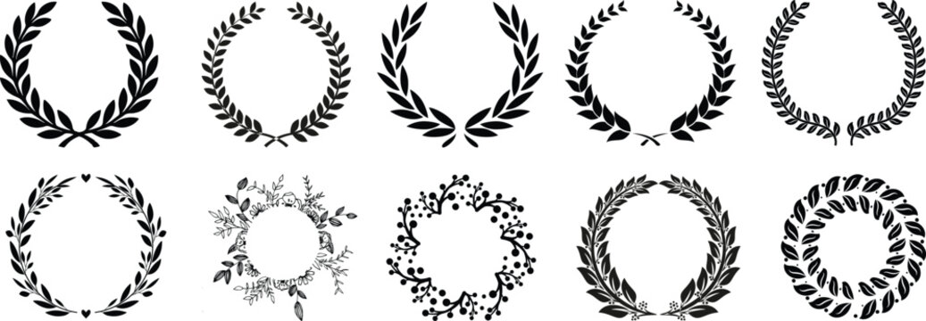 Laurel wreath collection vector set. Classic Roman Greek victory laurel branches, black olive leaf garlands, award emblem elements, elegant prestige heraldic symbol bundle for logo badge label design