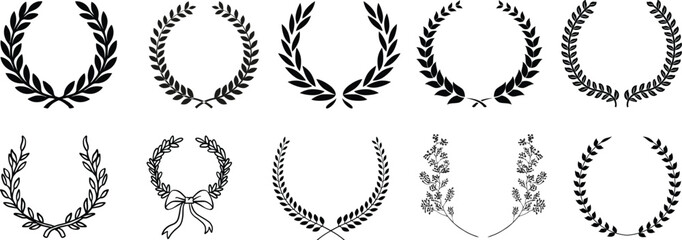 Laurel wreath collection vector set. Classic Roman Greek victory laurel branches, black olive leaf garlands, award emblem elements, elegant prestige heraldic symbol bundle for logo badge label design