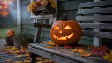 A photograph of a solitary jack-o'-lantern sitting on a weathered wooden porch swing. The pumpkin has a classic triangular eye and nose, and a wide, grinning mouth with jagged teeth carved from the or