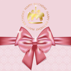Happy birthday card with a pink bow, vector image
