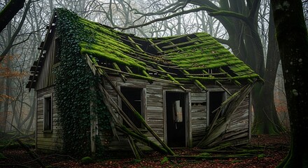 Decaying Cabin - Moss-Covered Roof and Collapsing Walls in a Misty Forest.