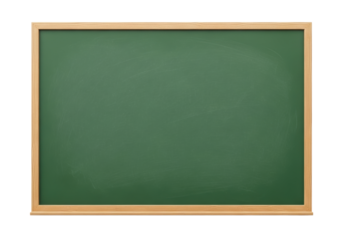 Rectangular green chalkboard with faint chalk dust and light brown wooden frame, isolated on immaculate transparent background with copy space, clean aesthetic, concept of new ideas