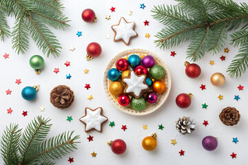 Festive Delights: An overhead shot of a charming arrangement features star cookies, colorful ornaments, pine sprigs, and shimmering confetti against a flat, uniform backdrop.
