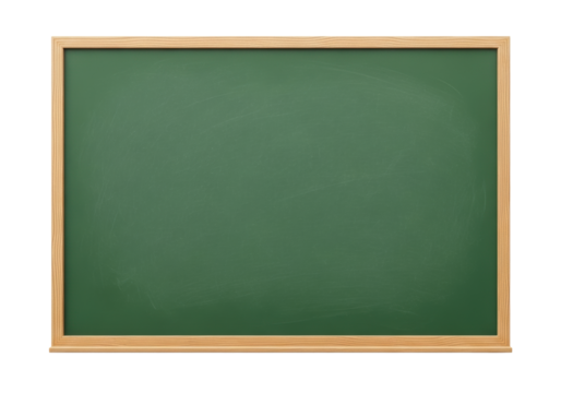 Rectangular green chalkboard with faint chalk dust and light brown wooden frame, isolated on immaculate transparent background with copy space, clean aesthetic, concept of new ideas