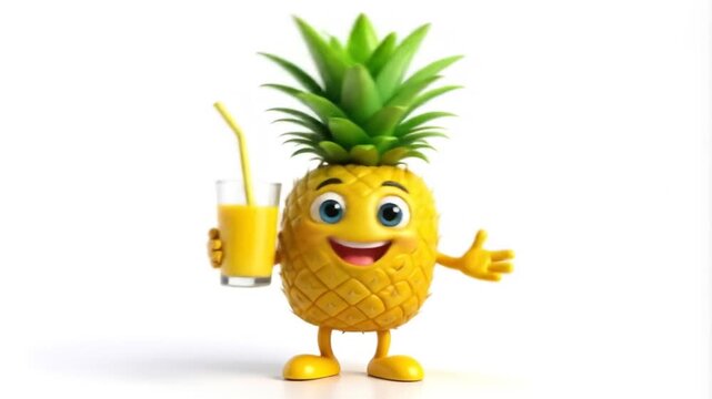 A cartoon pineapple character holding a glass of juice