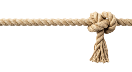 Close-up macro of thick, natural beige braided jute rope with tightly tied square knot, frayed end on transparent, copy space. Concept of strength and connection