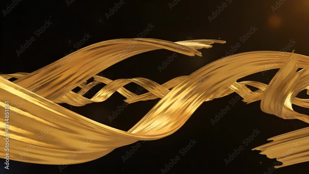 Poster A visually striking animation featuring intricately detailed golden ribbons that twist, turn, and flow dynamically. Set against a deep black backdrop sprinkled with distant tiny lights and soft bokeh.