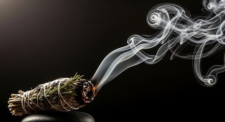Smoldering Sage Bundle - Ethereal Smoke Trails Against Dark Backdrop, Spiritual Cleansing Ritual.