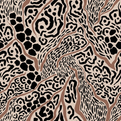 Leopard, zebra and giraffe pattern design. Hand drawn leopard zebra and giraffe pattern design. For textile and print. Beige background.