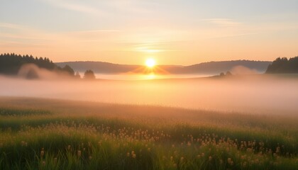 Fototapeta premium Foggy Meadow at Sunrise Glow