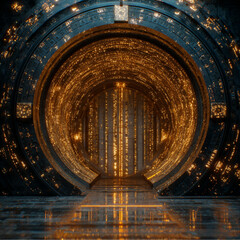 Obsidian Vault Door with Glowing Data Streams, Cyberpunk Neon Accents