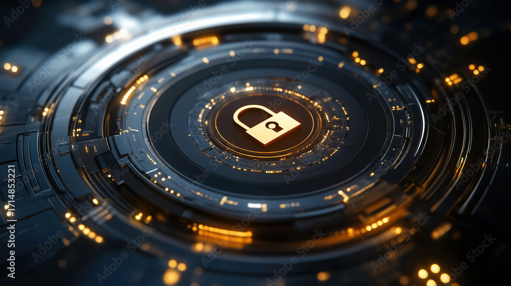 Poster digital lock symbol on futuristic circuit board background with glowing elements, flat lay compositi