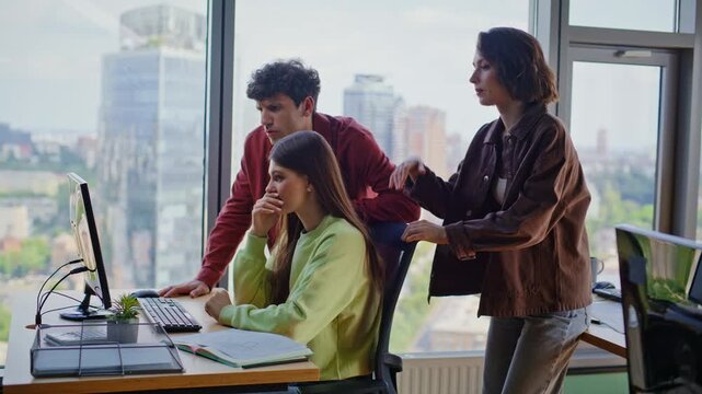 Business team frustrated loss looking computer cityscape coworking space closeup