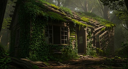 Enigmatic Moss-Covered Cabin in a Gloomy Forest.