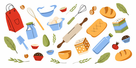 A colorful flat-style illustration of baking ingredients. Healthy eating concept. Vector illustration.
