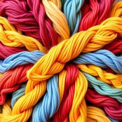 Colourful skeins of wool yarn create a vibrant textile pattern