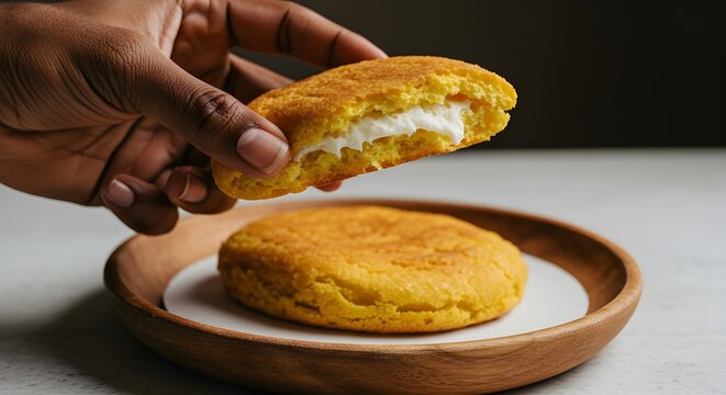 Close-up of a hand picking a delicious chipa from a wooden table.