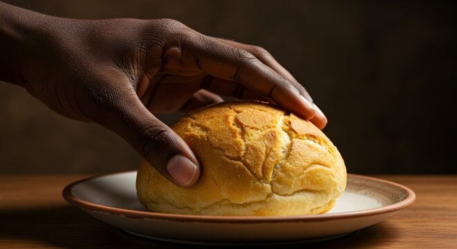 Close-up of a hand picking a delicious chipa from a wooden table.