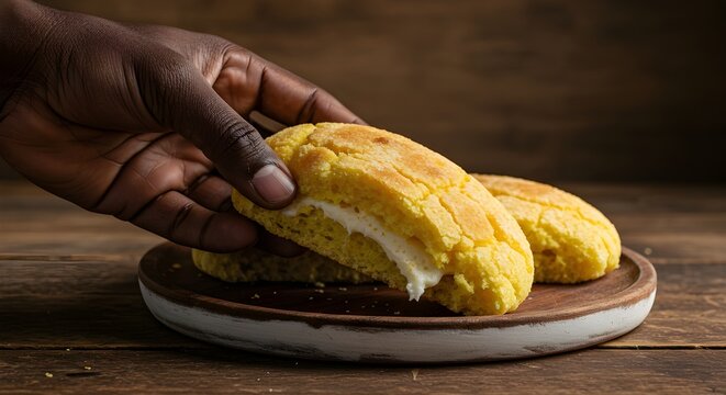 Close-up of a hand picking a delicious chipa from a wooden table.
