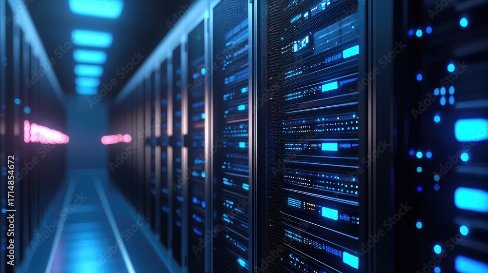 Poster futuristic data center with glowing blue server racks and neon pink lights showcasing advanced it in