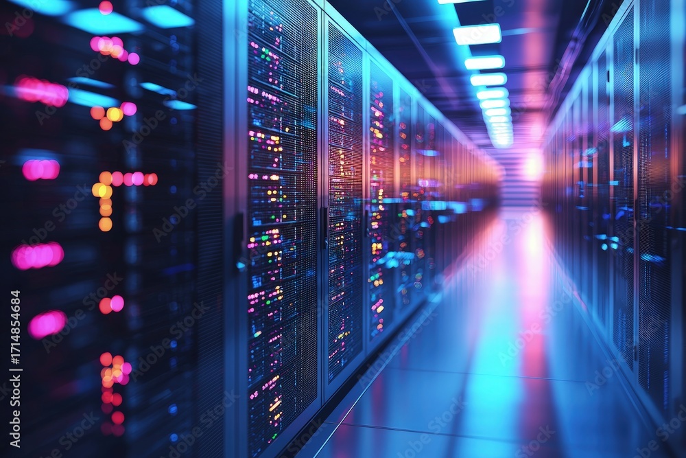 Poster advanced data center corridor with glowing multicolor server racks and futuristic it infrastructure 