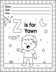 Halloween ABC Alphabet Coloring Page with Cute Animals for Adults and Kid. High resolution (300 DPI), Ready to print on standard 8.5x11-(A4) inch paper With (No Bleed), Black and White. Vector 