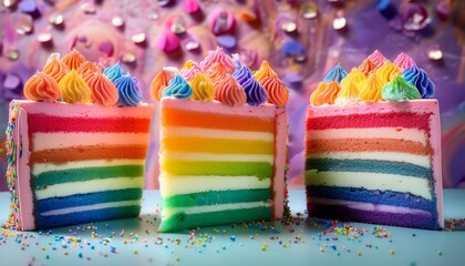 Colorful Cake Delight Slices Of Rainbow Cakes Are Adorned With Pastel Frosting And Sprinkles Arranged Artistically Promising A Taste Of Joy A Feast For The Eyes And Palate