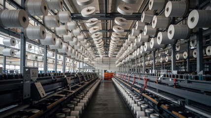 A large textile factory with spools of thread hanging from the ceiling and machines on the floor below textile