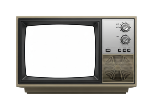 Clean vintage retro beige CRT television with blank white screen, black bezel, silver control knobs and speaker grille, isolated on transparent studio background, evoking nostalgia for classic
