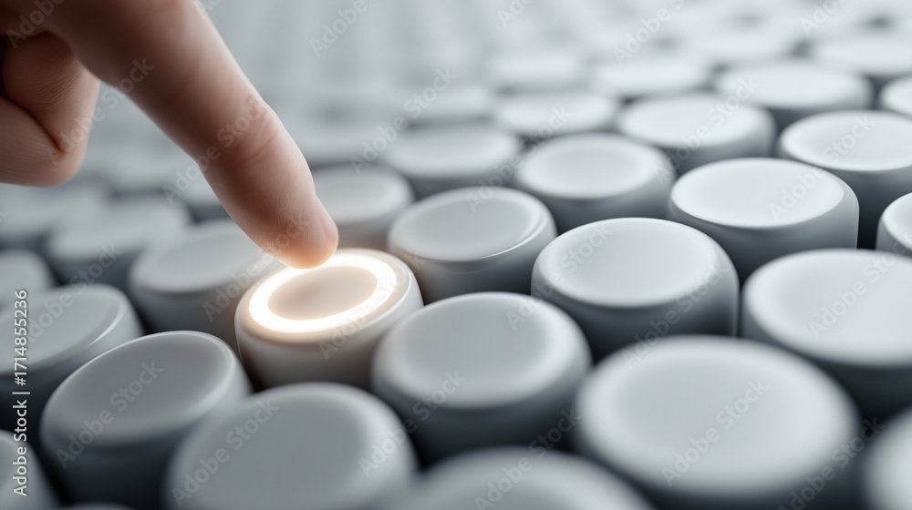 Poster finger gently presses glowing button among rows of blank, white disks, creating sense of choice and 