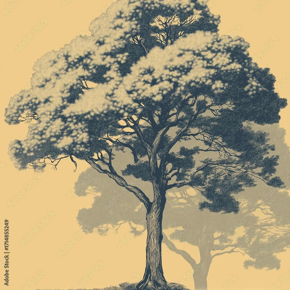 Poster stylized illustration of tree with intricate branches and leaves against soft yellow background, cre