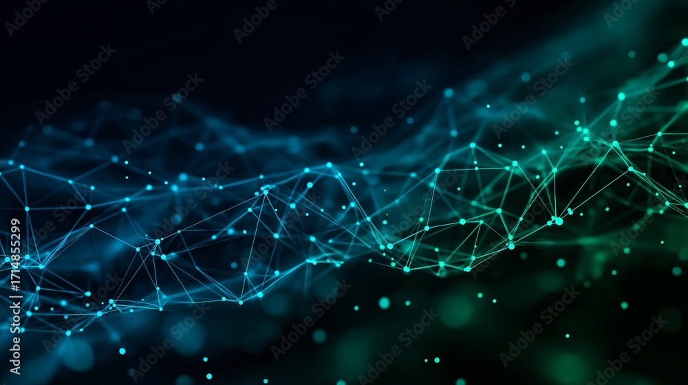 Poster glowing digital network of interconnected lines and nodes creates abstract, futuristic design. blue 