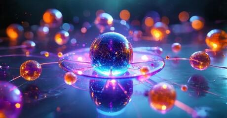 Vibrant abstract sphere, glowing particles, reflective surface. Futuristic digital art, complex network, beautiful illumination.