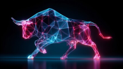 Glowing abstract bull made of neon lines charges forward, symbolizing strength and determination. vibrant colors and geometric design create dynamic and futuristic feel
