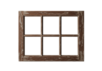 Antique dark brown wooden window frame, distressed, weathered, with nine empty panes, isolated on a transparent background with copy space, soft studio light, concept of empty possibilities and