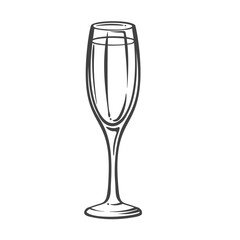 Tall narrow champagne flute with slender stem and clean outline, drawn in classic engraving style. Outline vector illustration for celebration design, bar menu, wine label, or festive decor.