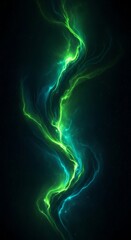 Abstract swirling neon green energy trails against a dark digital background for technology concepts